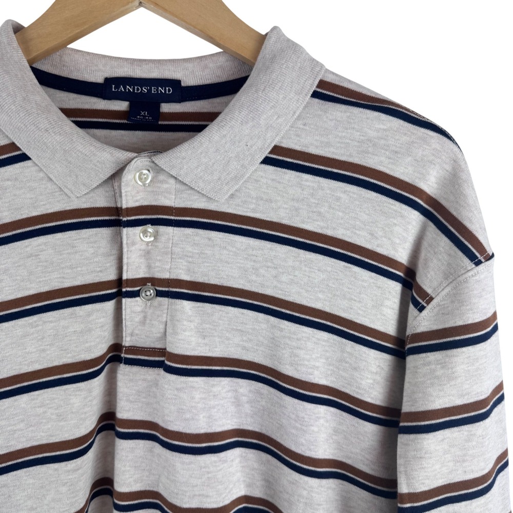 Lands' End Polo Shirt Mens XL Oatmeal Striped Long Sleeve 100% Pima Cotton